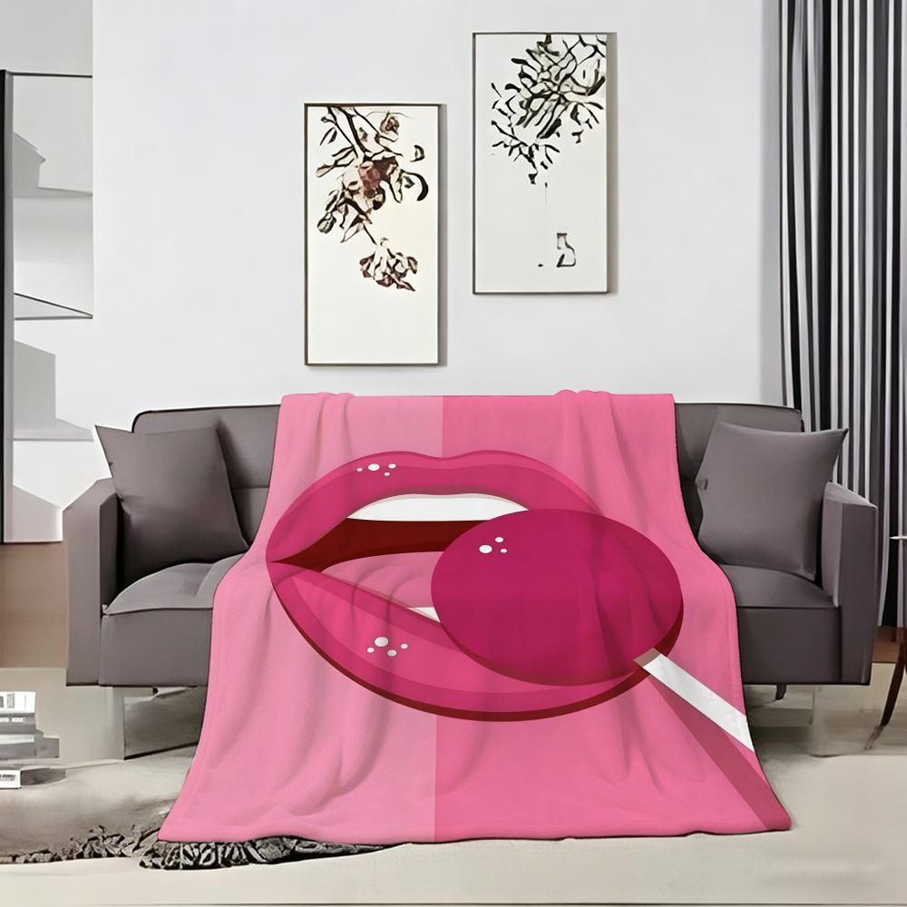 Colorful Pop Art Lips with Strawberry Throw Lightweight 240g Flannel Blanket Soft Skin-friendly for Summer Cooling