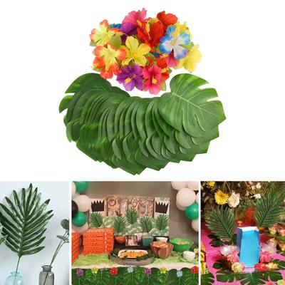 60x Tropisches Dekorationsset Palmblätter Künstliche Hibiskusblüten für Hintergrund BBQ