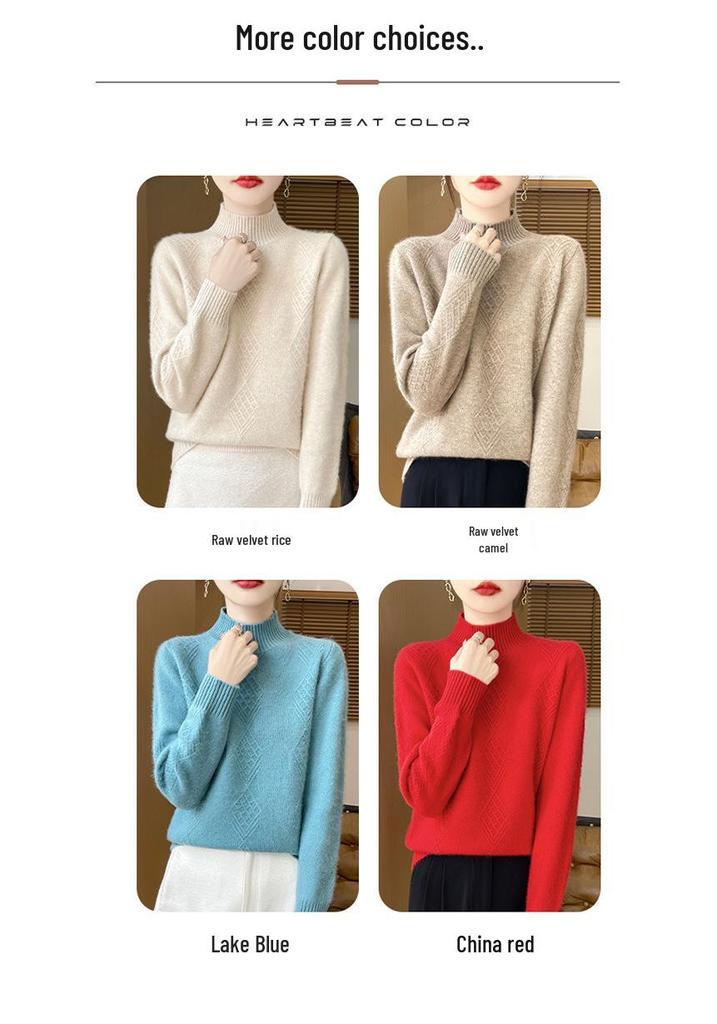 Ladies' Diamond Pattern High Neck Wool Knit Sweater - Thickened for Autumn/Winter