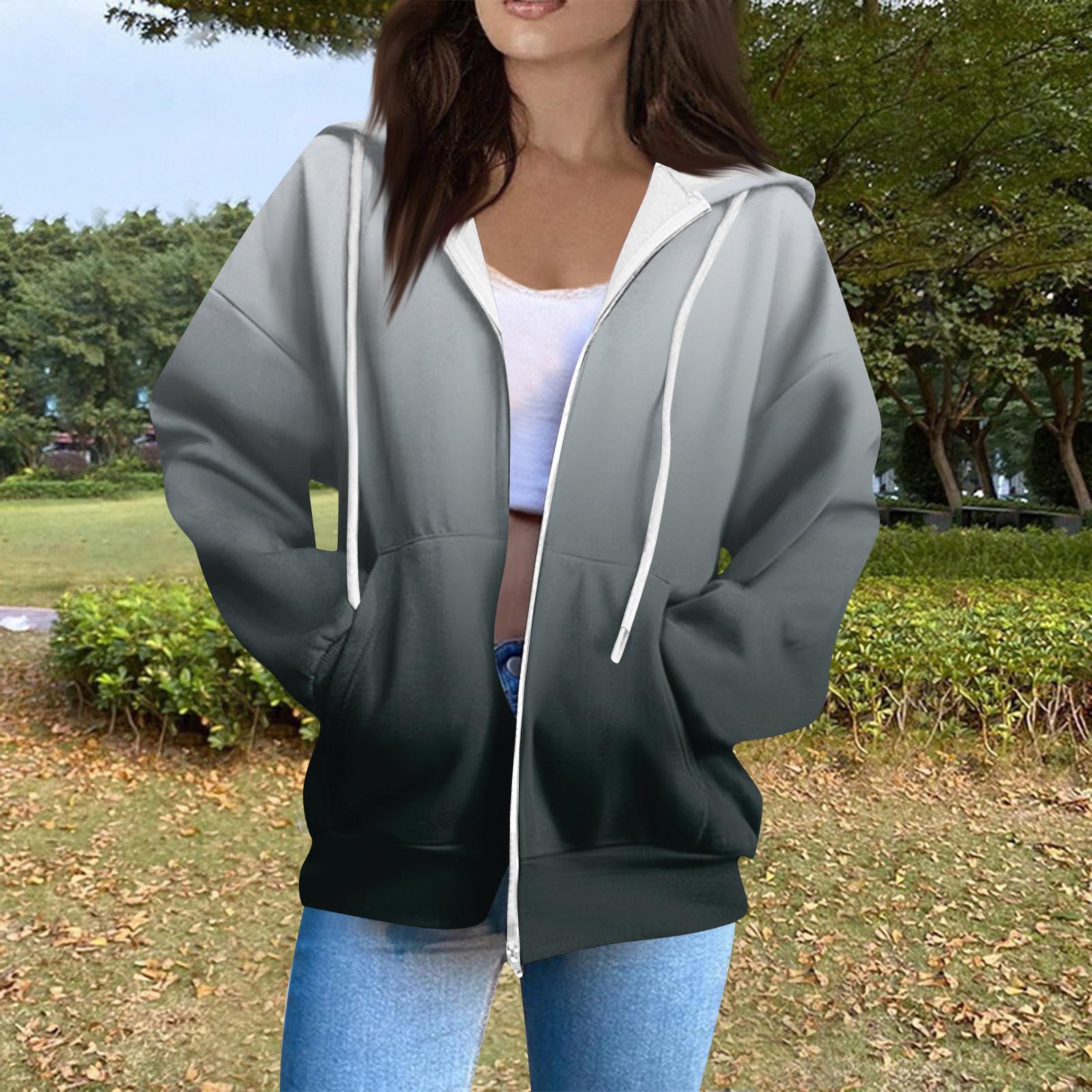 

Женская повседневная модная толстовка с капюшоном, длинным рукавом, молнией, градиентной полоской и принтом XXL