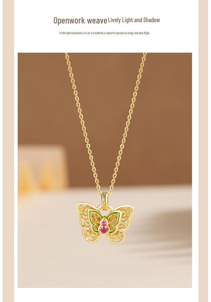 Tichiya Filigree Butterfly Shadow Necklace for Women, S925 Sterling Silver, Chinese Style Pendant