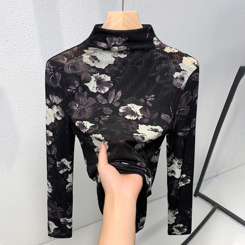 

Женский осенне-зимний топ из черной сетки с принтом под полуводолазку, новая женская одежда с базовой футболкой с длинным рукавом 3XL чёрный