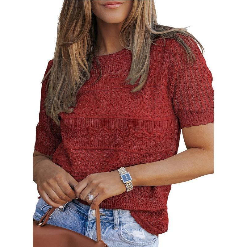 

Новый женский круглый вырез с короткими рукавами сексуальный топ вязаный крючком свитер XL красный