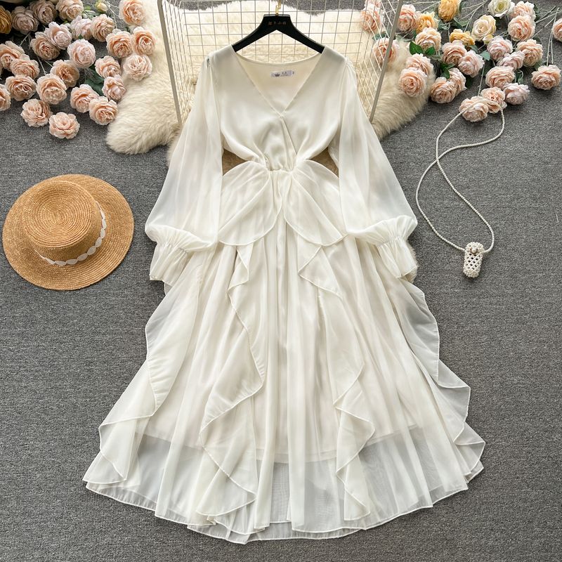 

Elegant V Neck Silm Mid Length Long Length Ruffles Dress Apricot color S