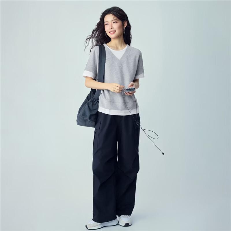 Giordano Women's Waffle Knit Color Block Short Sleeve T-Shirt