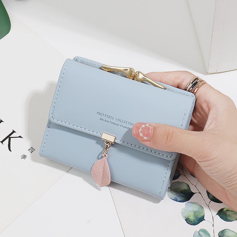 Affordable Luxury Women's Short Wallet Korean PU Leather Simple Everything with Solid Color Personality Leaf Pendant