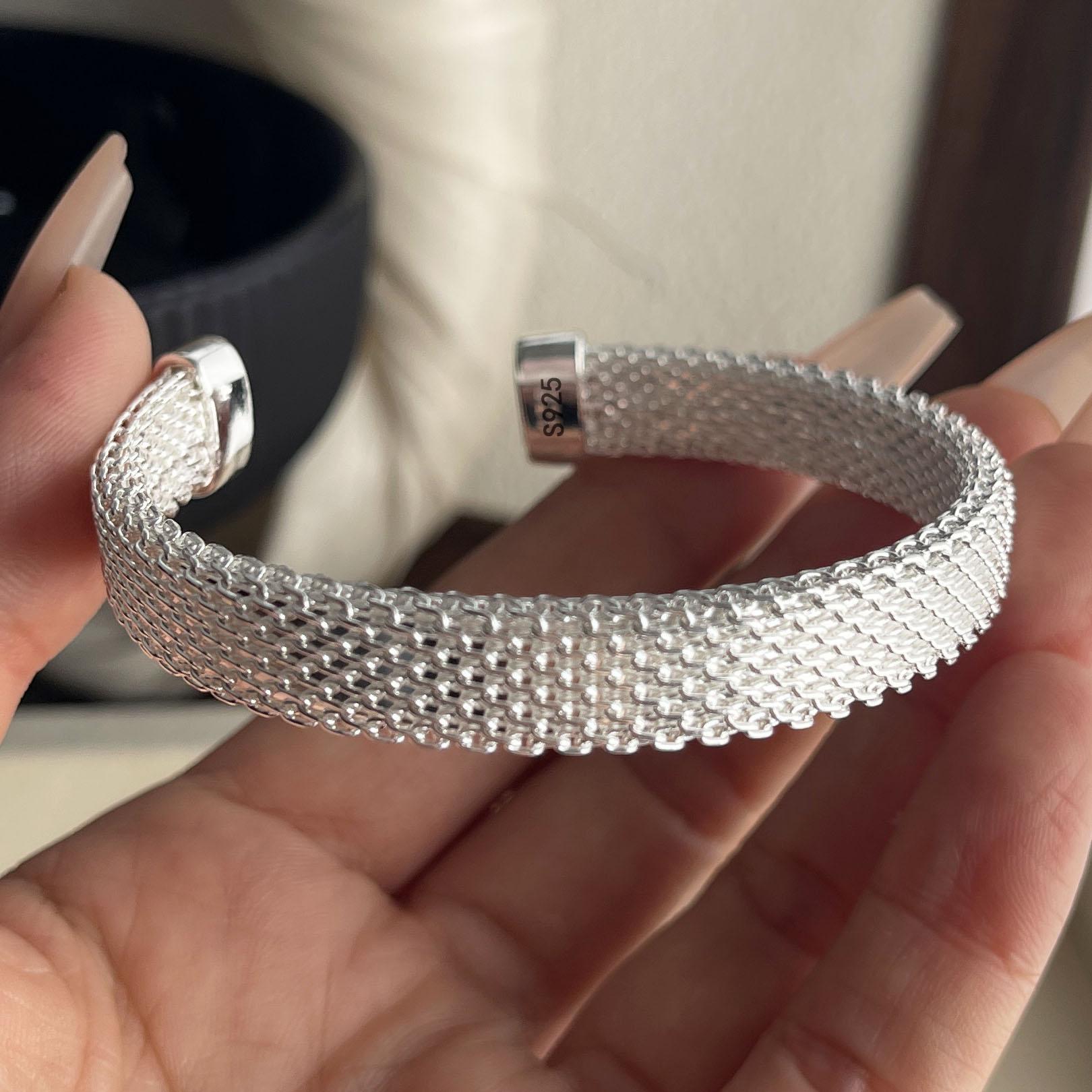 

100% Solid 925 Sterling Silver Retro Bracelet for Women Men Vintage Handmade Web Shape Simple Bracelet Birthday Gift