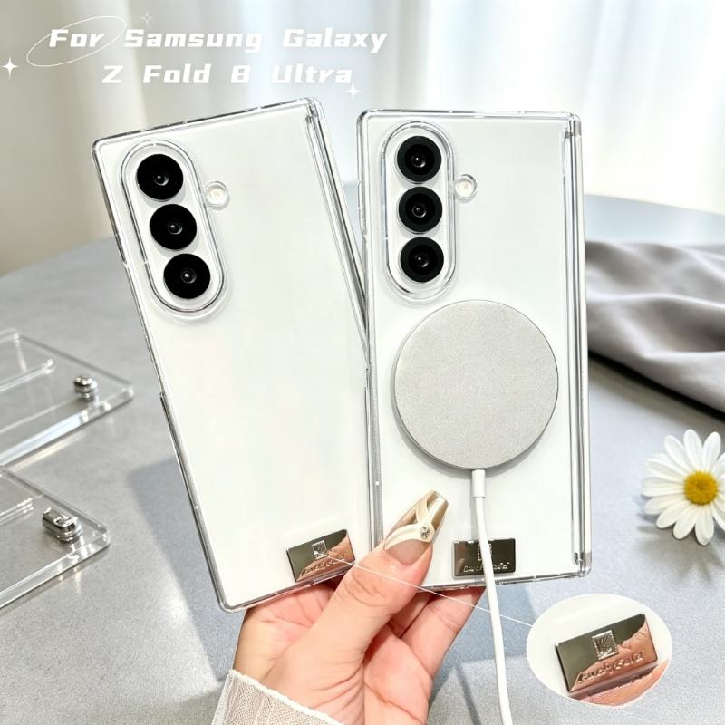 Transparent Silver Medal Magnetic Hinge Protect Case for For Samsung Galaxy Z Fold 8 Ultra 7 6 for Magsafe Wireless Charge Cover