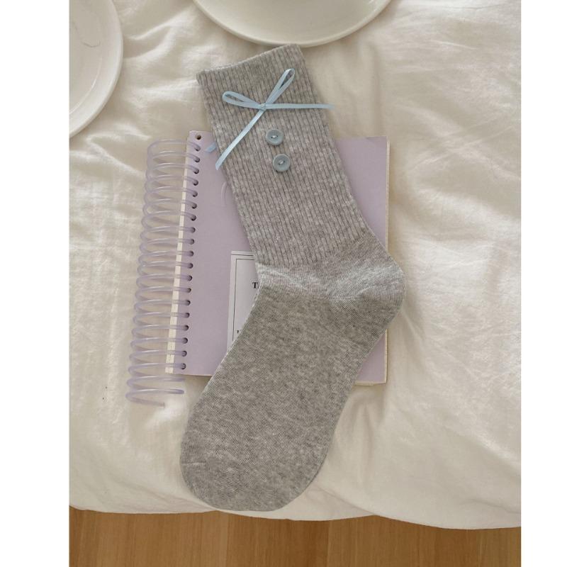 

Женские гольфы до середины икры, весенне-летние, со сладкими бантиками, махровые носки 1 pair светло-серый