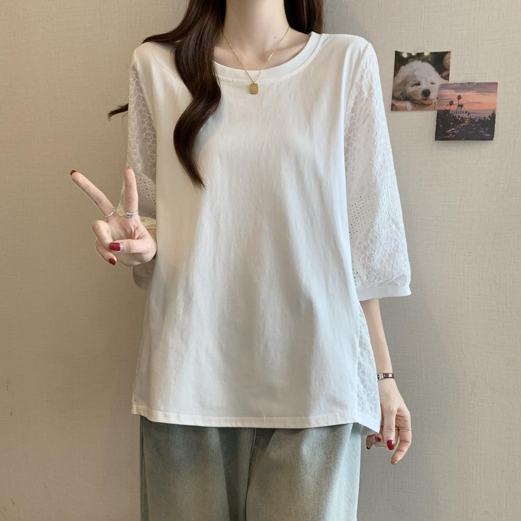 Dimanaf 2025 New Summer Women T-Shirt Short Sleeve Lace Basic Fashion O-Neck Tops Tees Casual Tees