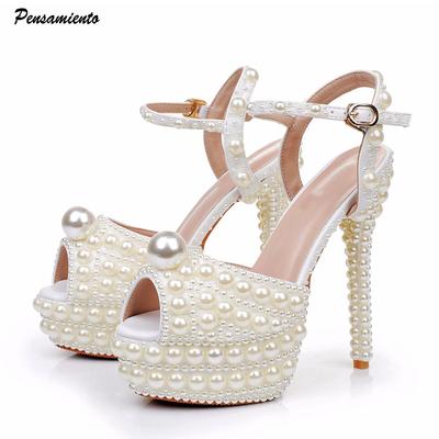 Modne Luksusowe Sandały Gladiator Damskie z Koralikami i Perłami, Odsłonięte Palce, Modne Letnie Sandały na Platformie, Obcasy 14cm, Buty na Wesele i Imprezę
