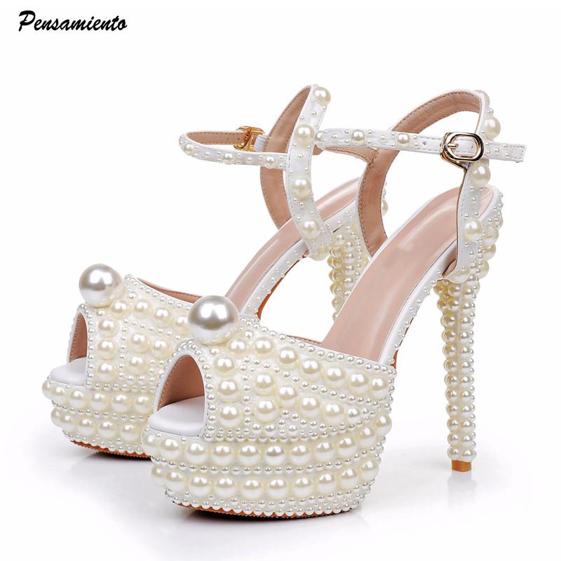 Luxury Full Pearls Beaded Peep toe Women Gladiator Sandals Summer Platform Wedges 14cm High heels Wedding Party Shoes