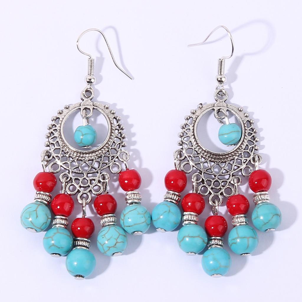 Turquoise Ethnic Simulation Beaded Earrings With Silver Filigree For Wear Daily