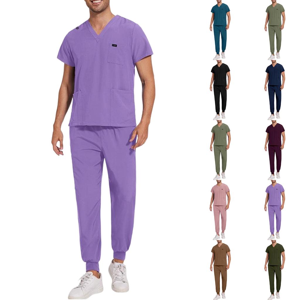 Mens' Comfortable And Casual Solid Color Short Sleeved Pants Protective Suit Set