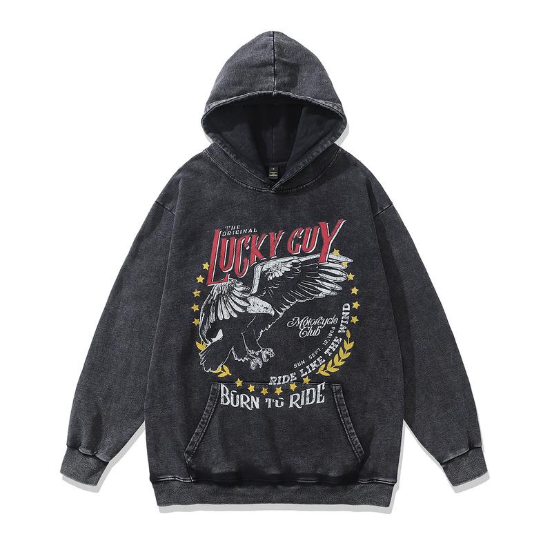 Moletom com Capuz Americano Retrô Estampa Direta em Tinta Branca Oversize Lavado Velho para Homens e Mulheres