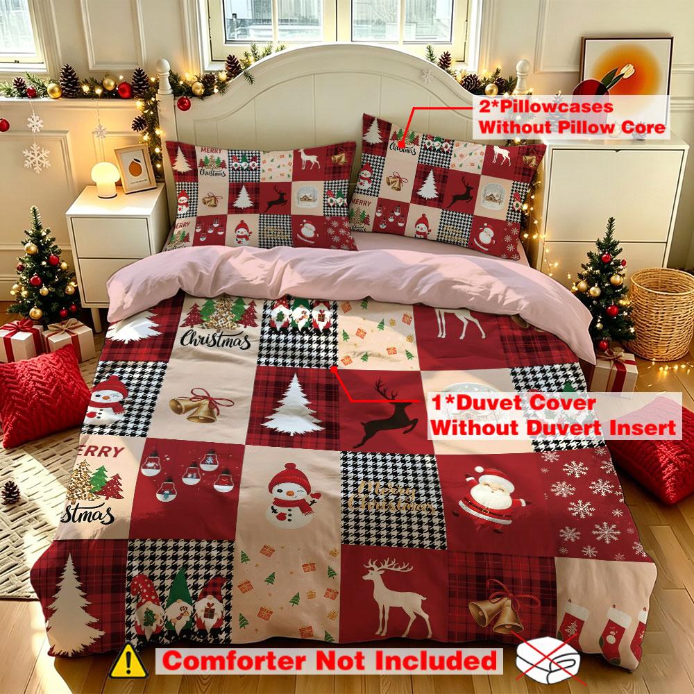 Weihnachts-Bettwäsche-Set 3-teilig Frohe Weihnachten Patchwork Gitterdruck Weiche Mikrofaser-Bettwäsche mit Kissenbezügen Dekoration