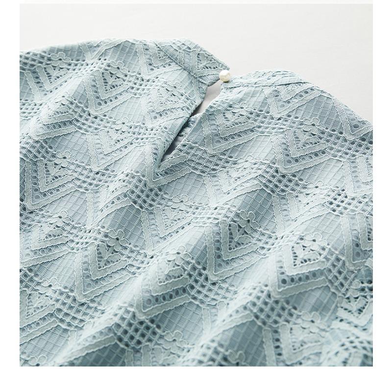 New Summer Lace Top for Women's Design Niche Chinese Style Shirt Light Blue Short-sleeved Shirt for Women