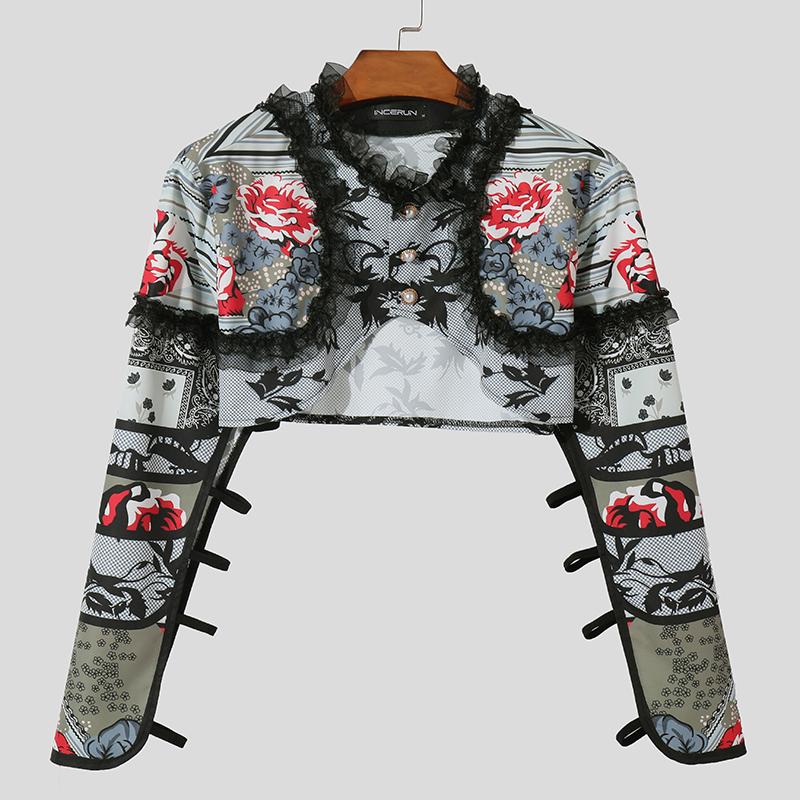 

INCERUN Men Lace Floral Print Long Sleeve Crop Tops Party Short Cardigans L чорний