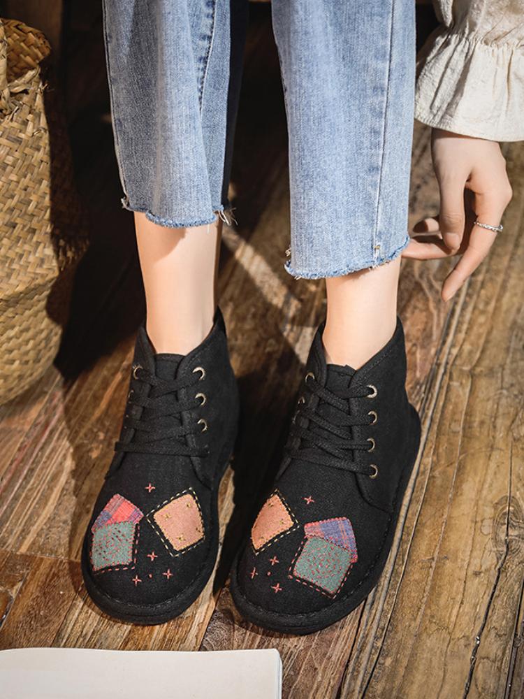 Johnature Plush Warm Cotton Shoes Handmade Embroidered Soft Sole Cloth Shoes Retro Women's Short Boots