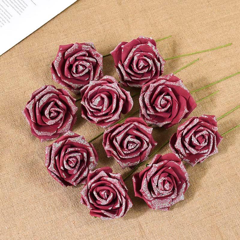 10/20 Stück Glitzer Künstliche Rosenblumen mit Stiel Blätter DIY Hochzeitssträuße Geburtstagsfeier Heimdekorationen DIY Bastelkranz
