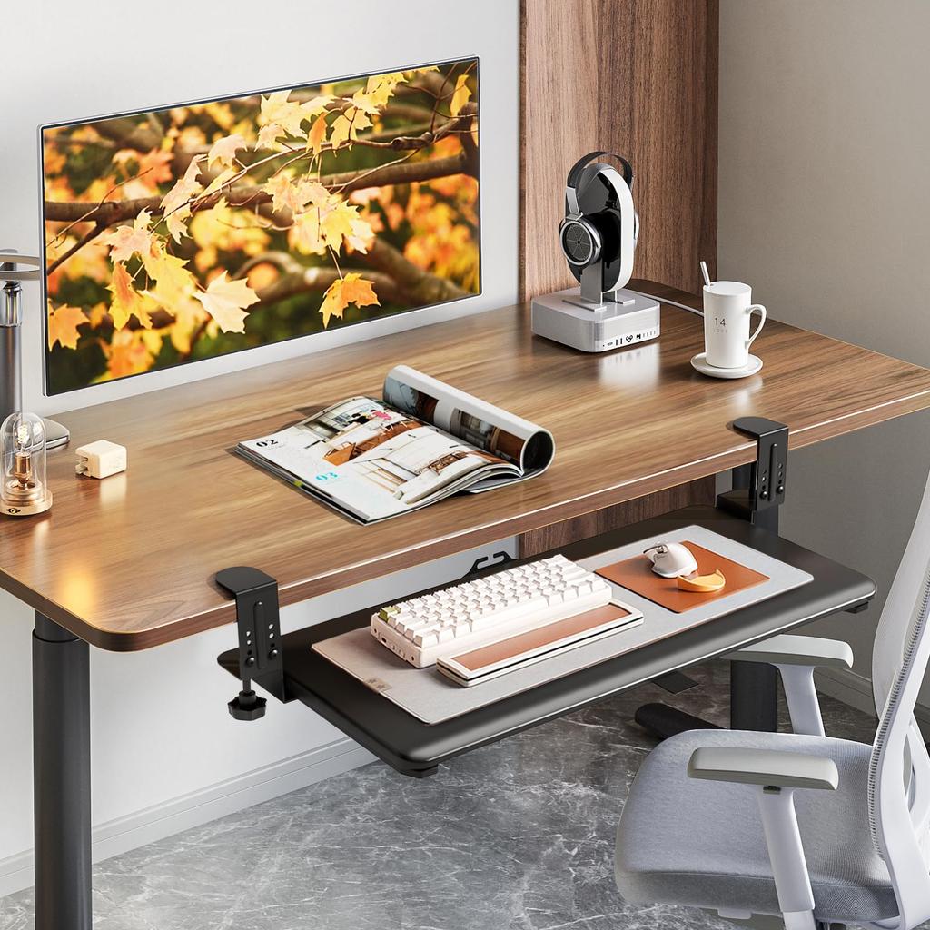 Rfiver Tastatur-Auszug Schreibtischverlängerung Tastaturablage Schreibtischschublade Tastatur Maus Aufbewahrung Klemmtyp 4 Stufen Höhenverstellung Kabeldurchlass Einfach