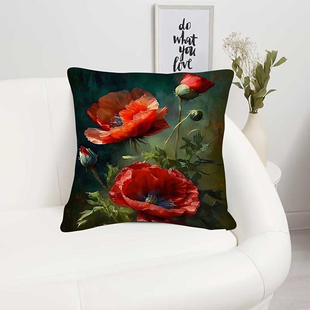 Double Sided Vintage Red Poppy Flower Pillow Cover Oil Painting Floral Print Soft Throw Pillow Case For Home Decor Gift