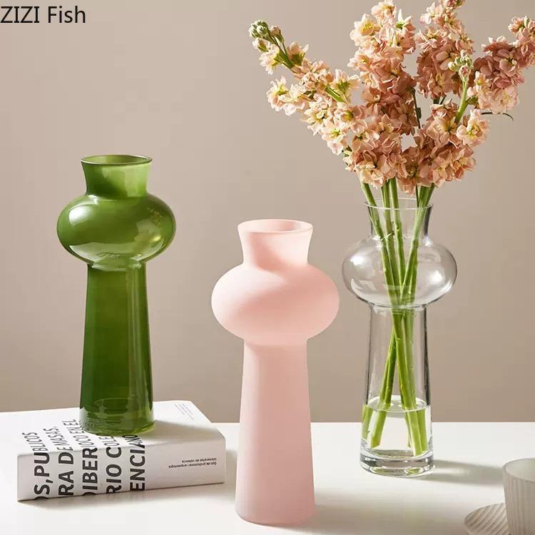 Green Glass Vase Flowers Pots Hydroponic Flower Vessels Desk Decoration Flower Arrangement  Floral Vases Room Aesthetic Decor