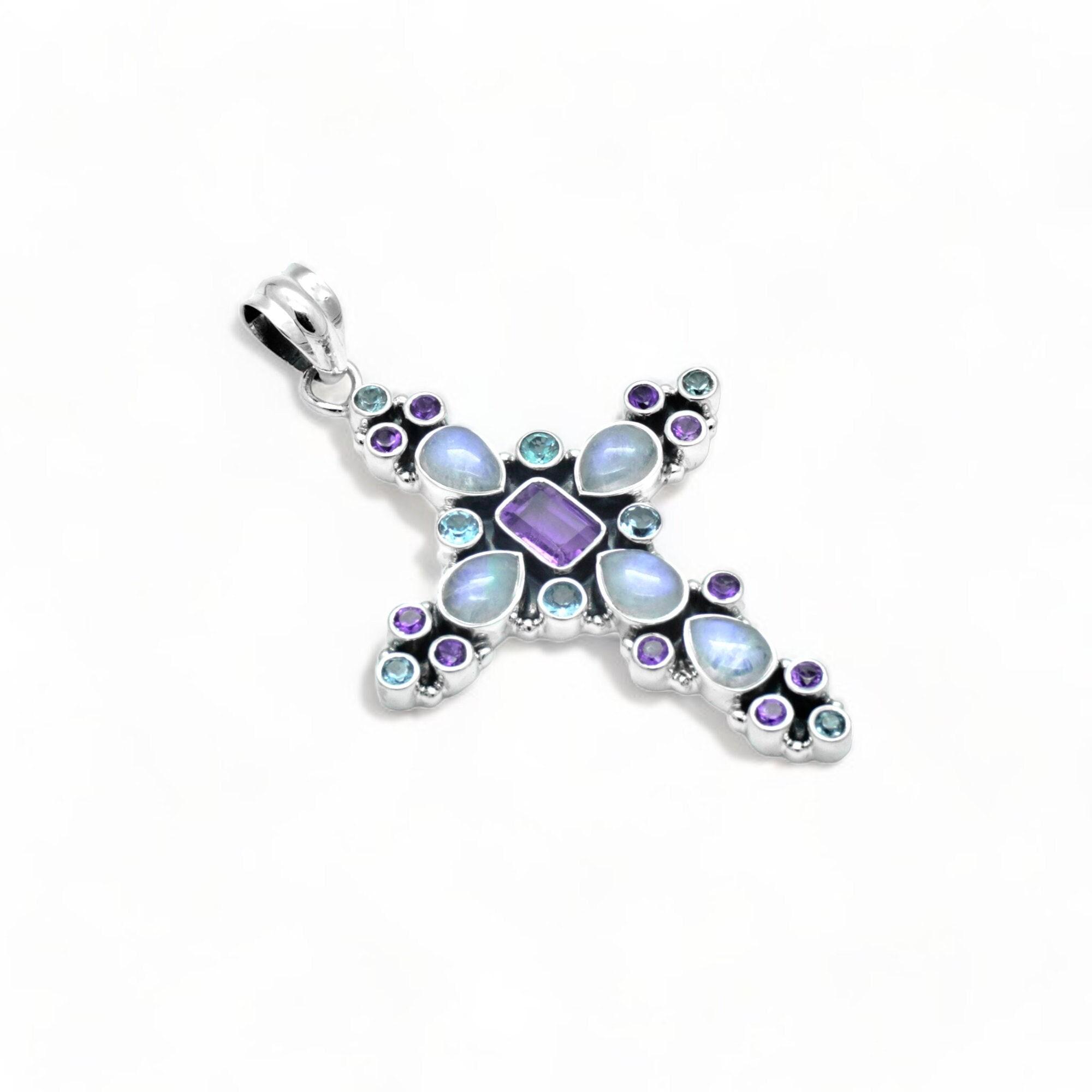 Multi-Gemstone Cross Pendant: Sterling Silver Spiritual Charm onesize серебряный