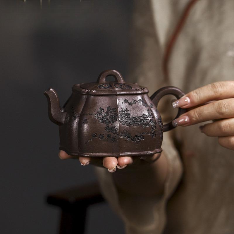 350ml Yixing Purple Clay Teapots Handmade Plum Blossom Pot Raw Ore Purple Jade Gold Sand Tea Making Kettle With Strainer Zisha