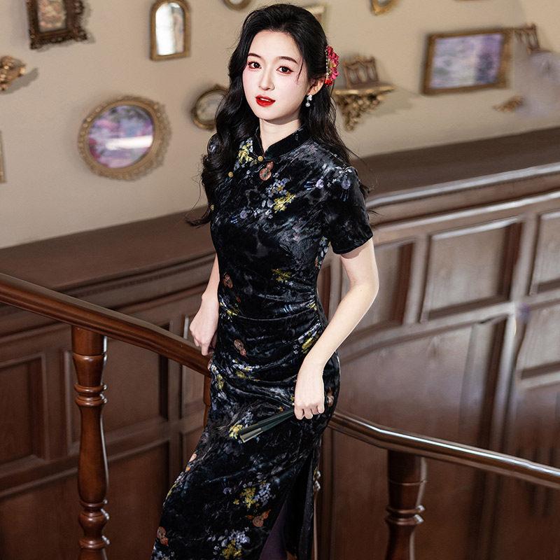 Black velvet national style new Chinese long improved cheongsam new young women's high-end dress summer