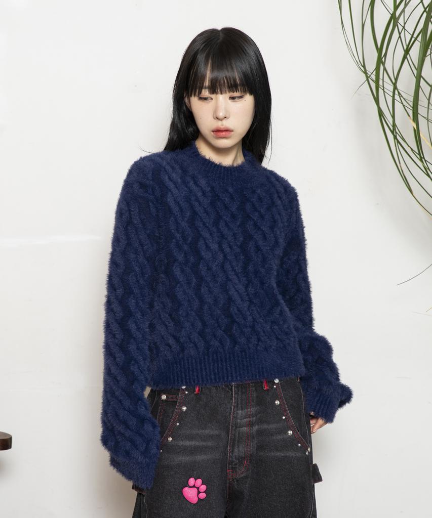 RuNaKi'Hu' Wxk014 Loose Cable Knit Pullover Hairy Knit (Dark Navy)