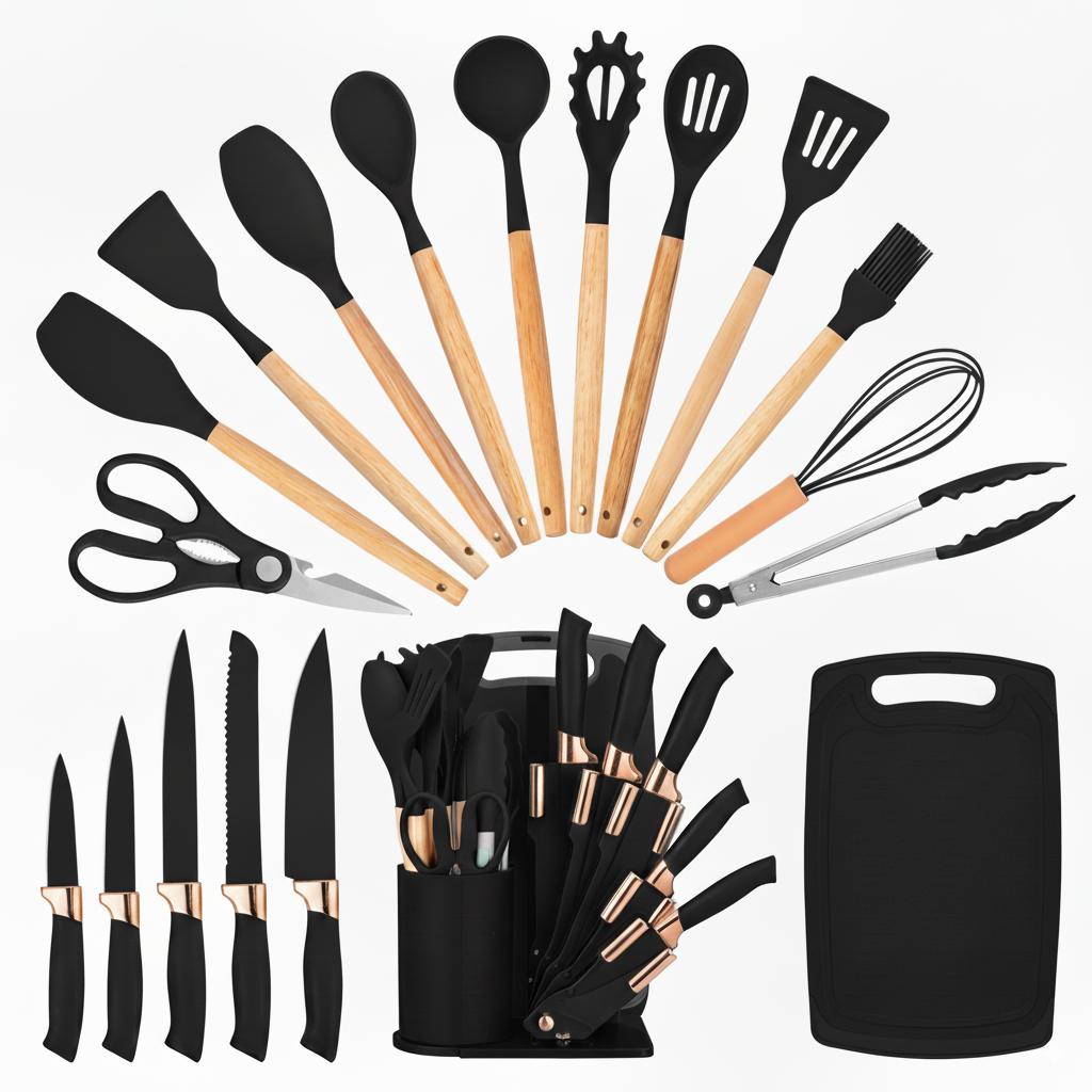 19pcs Premium Silicone Kitchen Utensil & Knife Set - Heat-Resistant, Non-Stick Safe Cooking Tools With Wooden Handles & Chef Knives