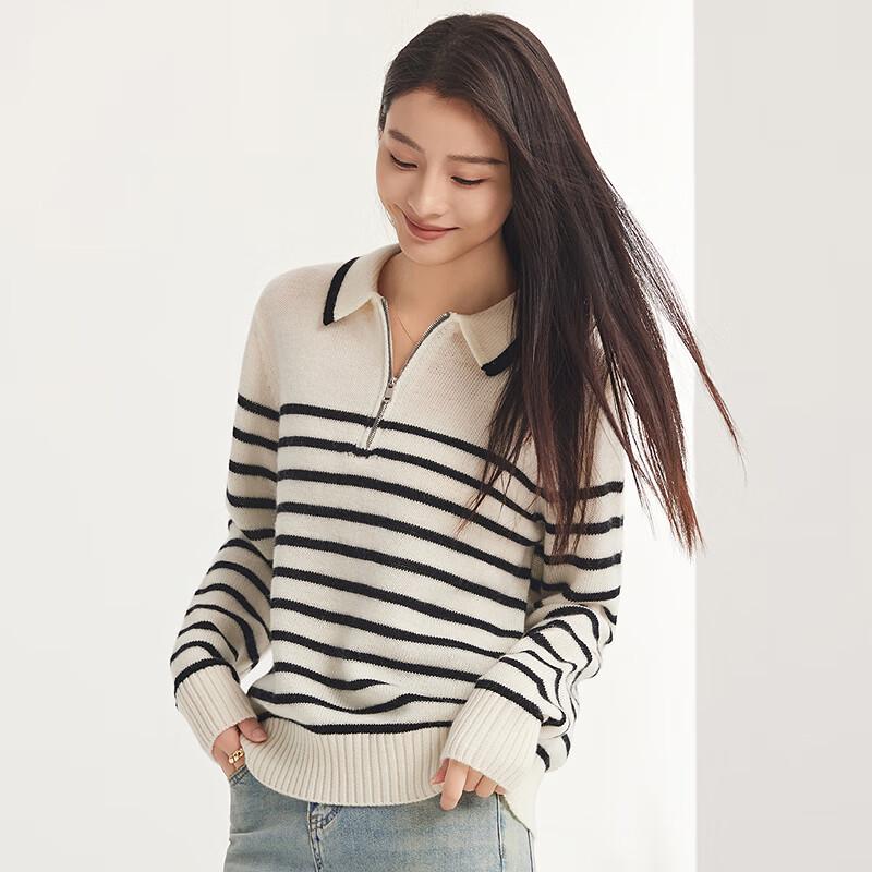 

FAPAI Women s 100% Merino Wool Striped Turn-down Collar Sweater L