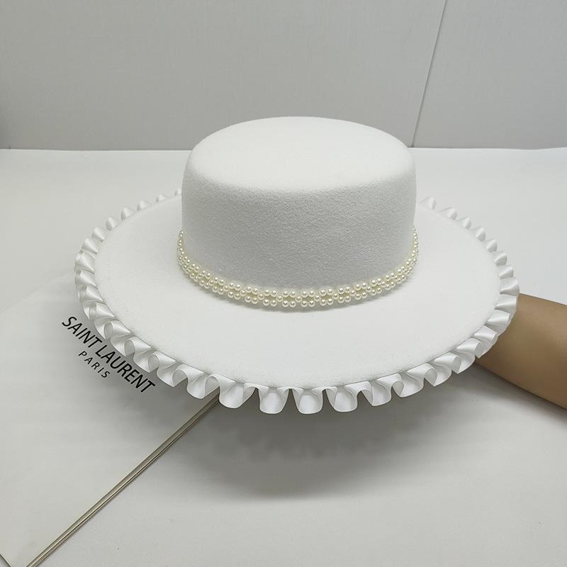 Original Design White Elegant Wedding Hat French Elegant Retro Hepburn Autumn Winter Celebrity Pearl Wool Lace Flat Top Hat