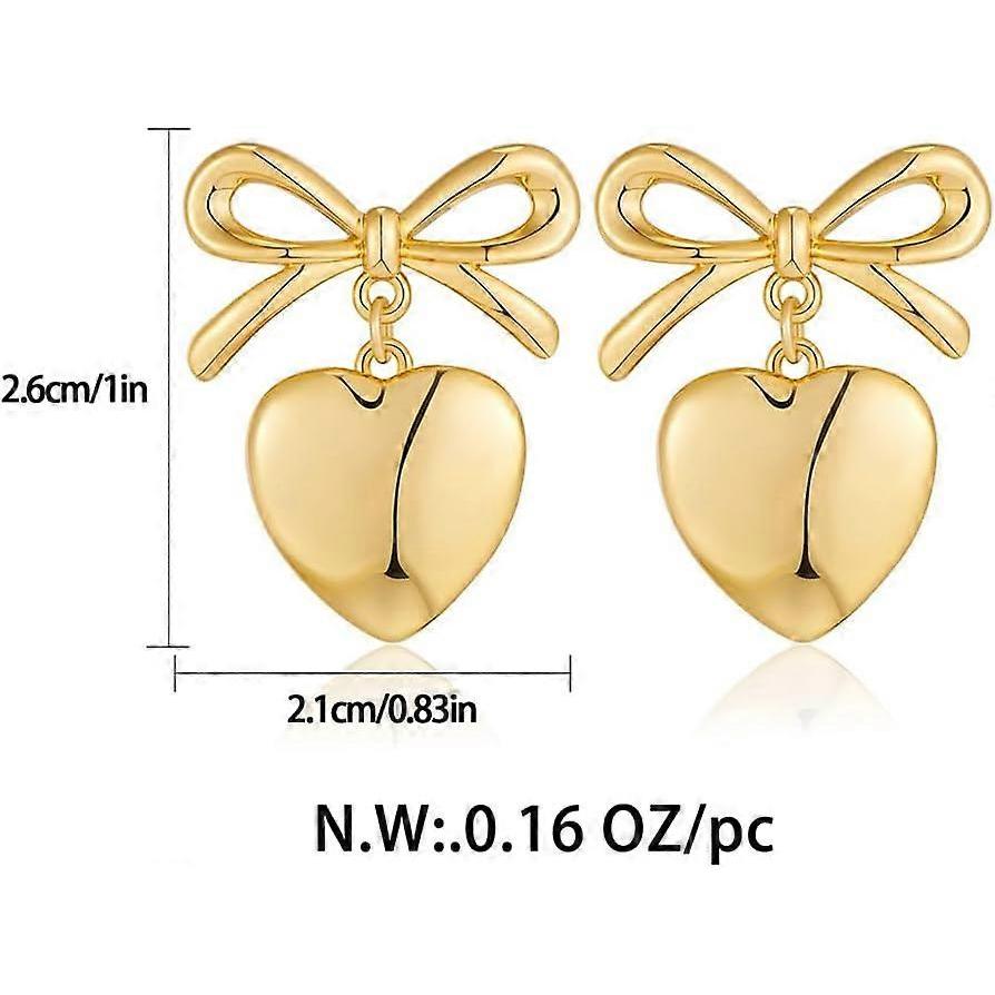 Gold Heart Dangle Earrings For Women Ribbon Bow Dangle Earrings