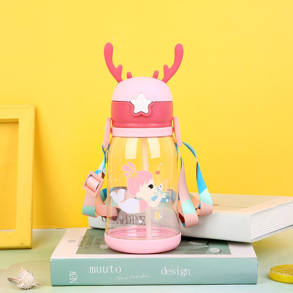 600ml Creative Antler Sippy Cup Water Bottle with Straw Portable Kids Leakproof Jug Outdoor Sports Bottles Children's Drinkware