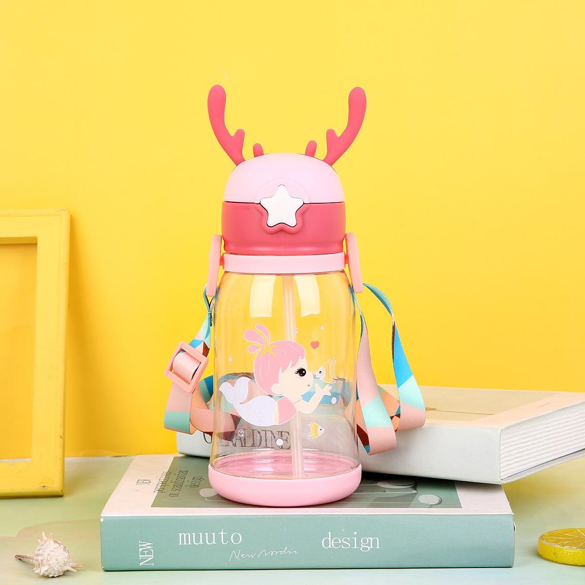 

600ml Creative Antler Sippy Cup Water Bottle with Straw Portable Kids Leakproof Jug Outdoor Fitness Activities Bottles Chil Practical Use 600ml