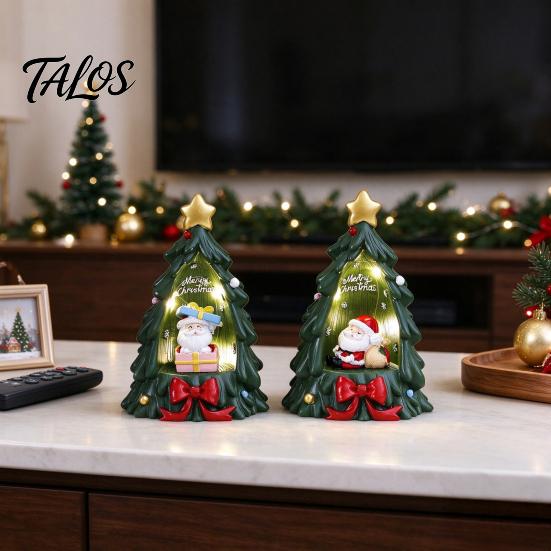 Lighted Resin Ornament for Desk Christmas Tree with Warm LED Lights, Festive Tabletop Decor Holiday Home Romantic Window Display Office Decoration,