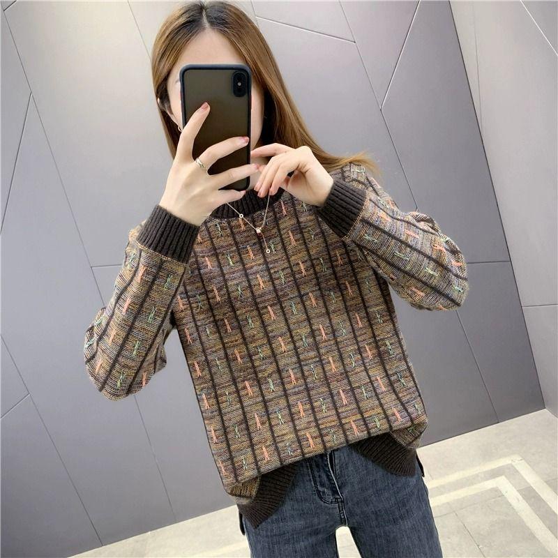 

Женский свитер с круглым вырезом, осень/зима, теплая свободная верхняя одежда, короткий фасон, ленивый вязаный низ, верх 3XL темно-коричневого