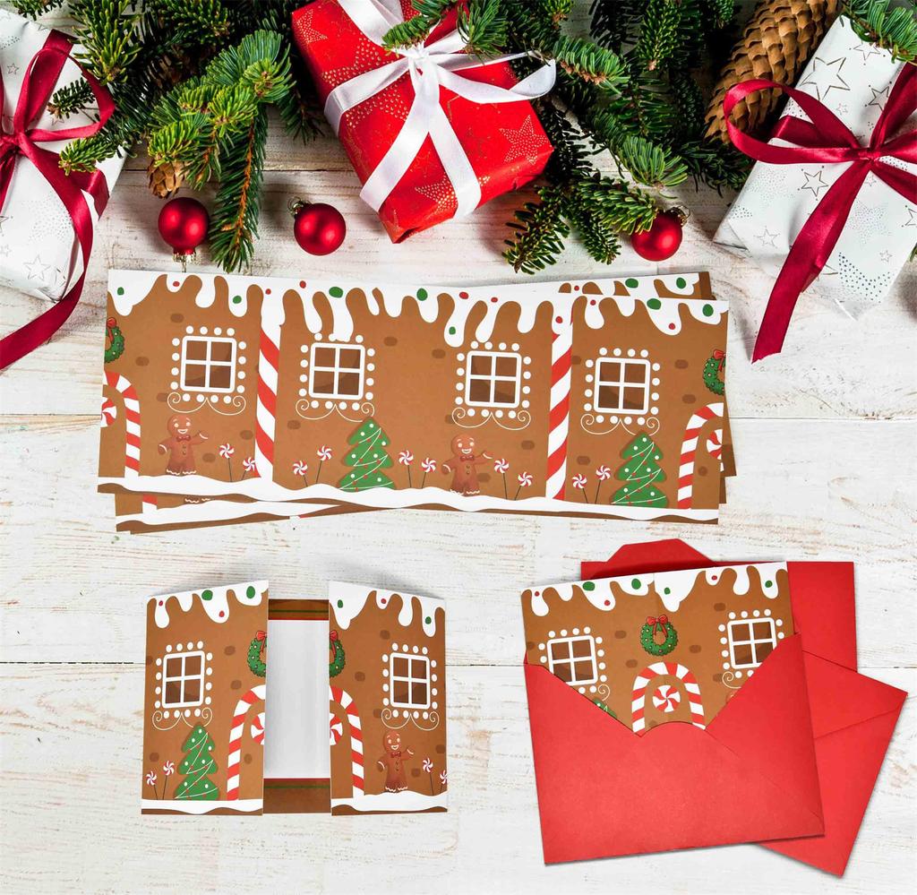 10 Pack Christmas Gingerbread House Greeting Cards Gift (10 Cards + 10 Envelopes) Tri-Fold Double-Sided Holiday Party Decoration Cards