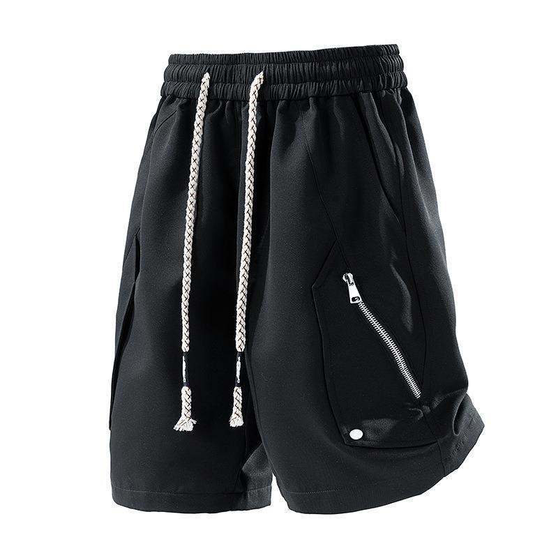 Summer Men Casual Solid Color Shorts Drawstring Waist Zipper Pocket Pants