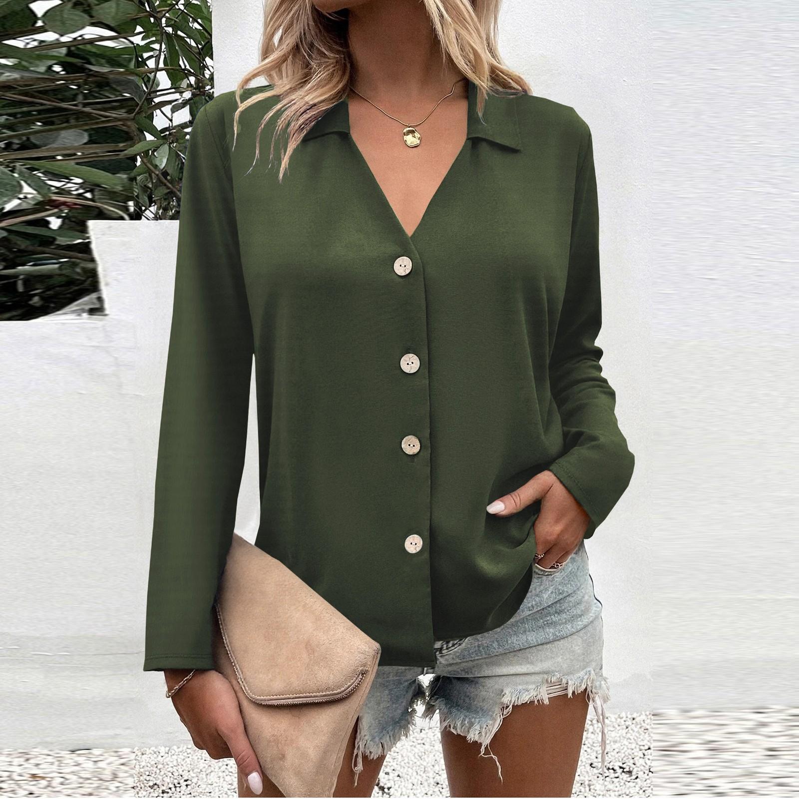 

T Shirts For Women Pleated V-Neck Dressy Casual Blouses Printing Short Sleeve Summer Tops Loose Fit L армія зелений колір