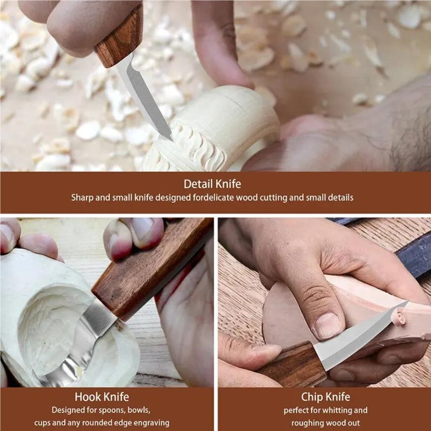 10 Stück Holzschnitzwerkzeuge Set mit Detail Holzschnitzmesser Holzmeißel Messer Handschuhe Schnitzmesser Schärfer Holzbearbeitungswerkzeuge