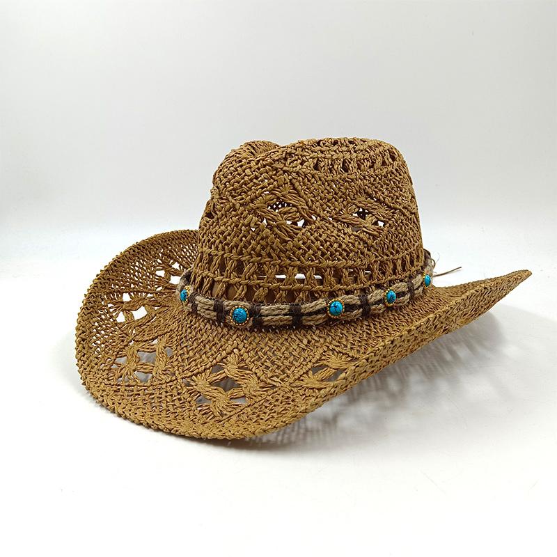 Hand-woven hollow denim straw hat men s and women s summer sunscreen hat western cowboy straw hat sombrero mujer sombrero hombre M 56-58