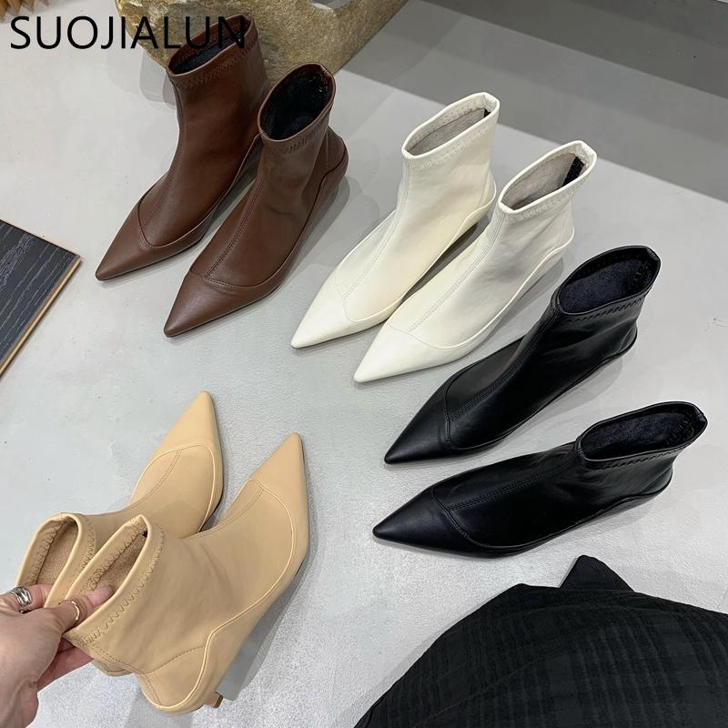 Fashion SUOJIALUN Winter New Thin Low Heel Women Ankle Boots Fashion Pointed Toe Slip On Chelsea Boots Shoes Soft Leather Short Boots
