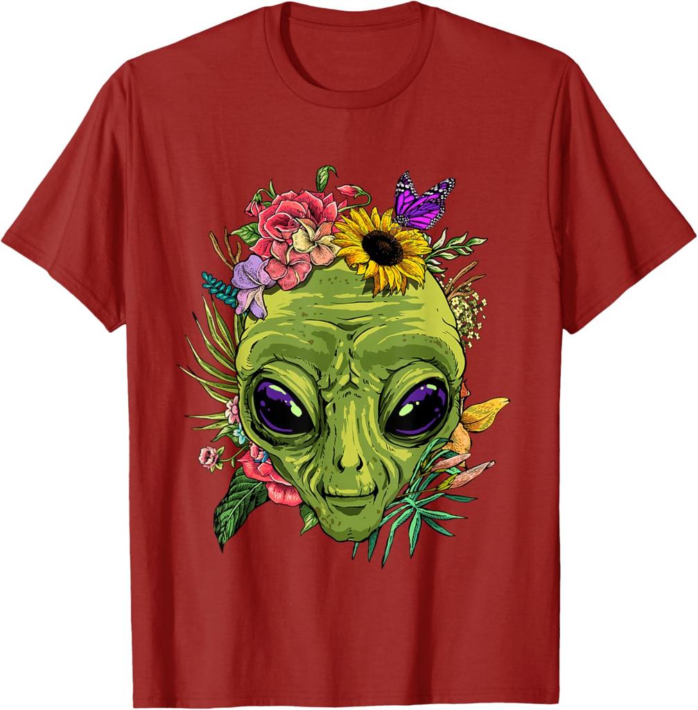 Alien mit Blumen Grafik-T-Shirt Herren Lässig Sommerausflug Rundhals-T-Shirt