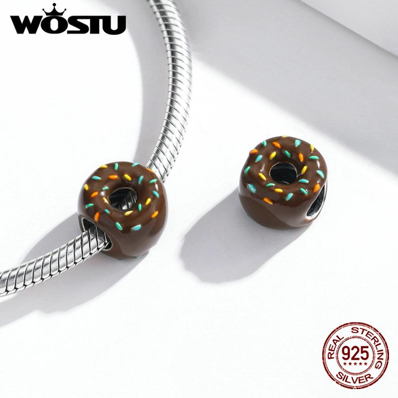 WOSTU Čokoládový donutový korálek 925 Sterling Silver Delicious Dessert Character Charm pro originální náramek