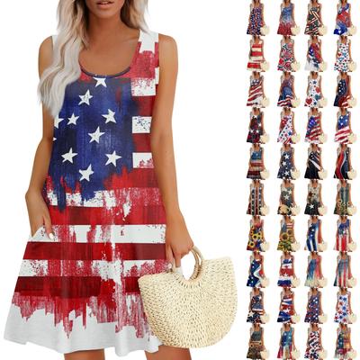 Women's Summer Casual Square Neck Independence Day Printed Dress Sleeveless Dress With Pockets