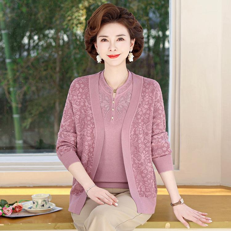 Spring and Autumn Thin Knitted Sweater Two-piece Set Mom Large Size Outer Cardigan New Mom Wear