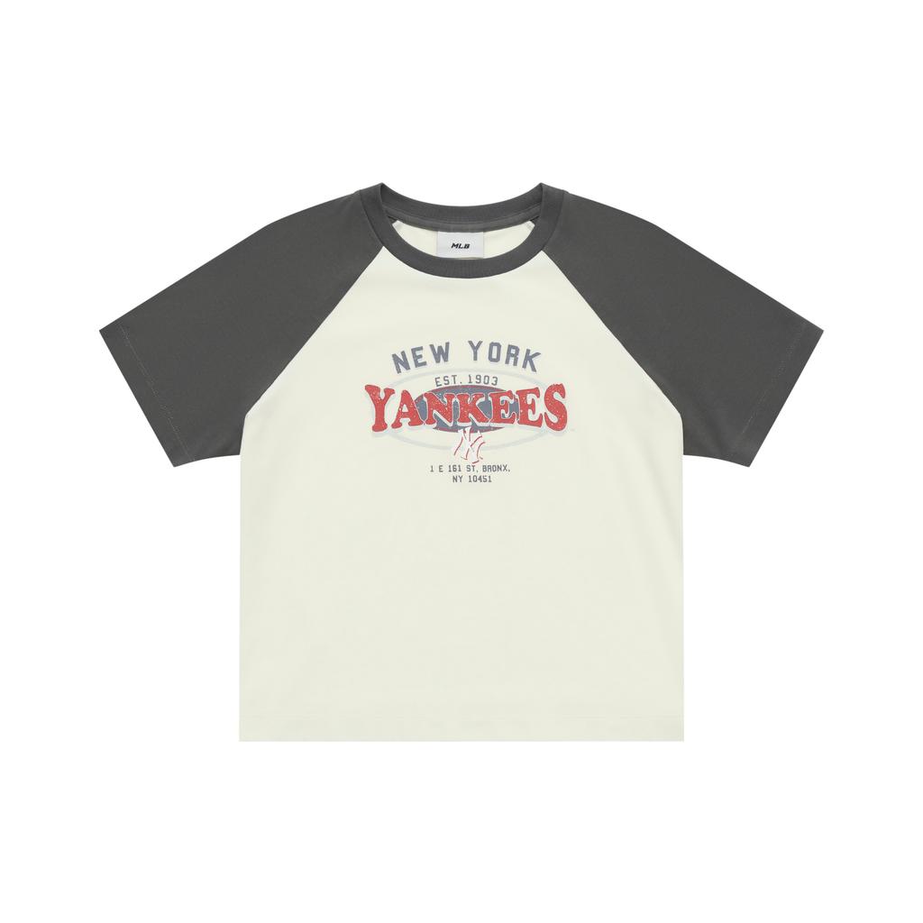 New MLB Preppy Style Collection New York Yankees SS25 Raglan Sleeve T Shirt Women's Cream 3FTSV0853-50CRS